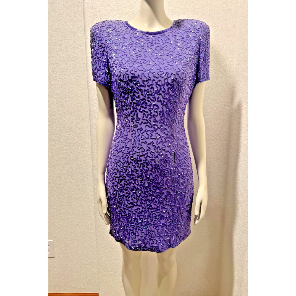 A.J. BARI Purple Silk Beaded Dress Sz 8 Petites Cocktail Party Formal MOB MOG
